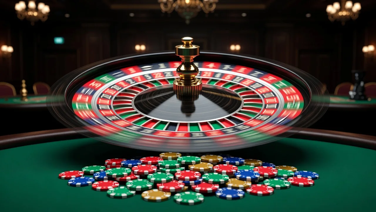 Rulettkerék és zsetonok a Weiss Casino asztalán