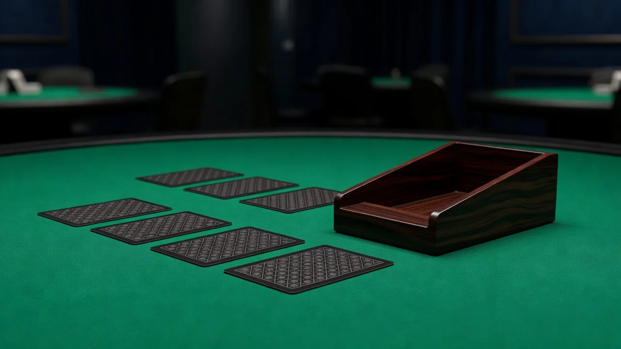 Élő osztó lapot oszt a blackjack asztalnál, háttérben a stúdió fényei