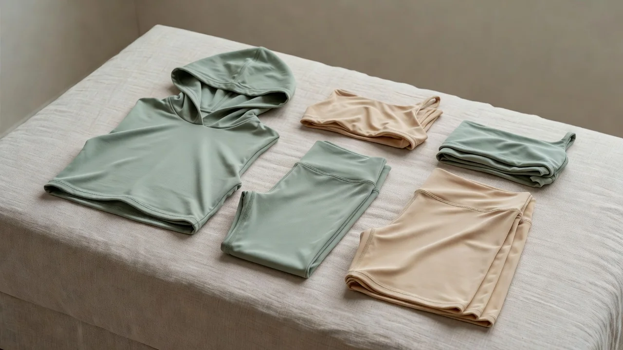 Activewear anyagok: crop pulcsi és nadrág edzésre, utazásra, strand mellé